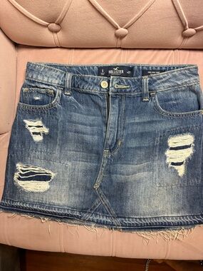 Hollister Distressed Medium Blue Denim Mini Skirt